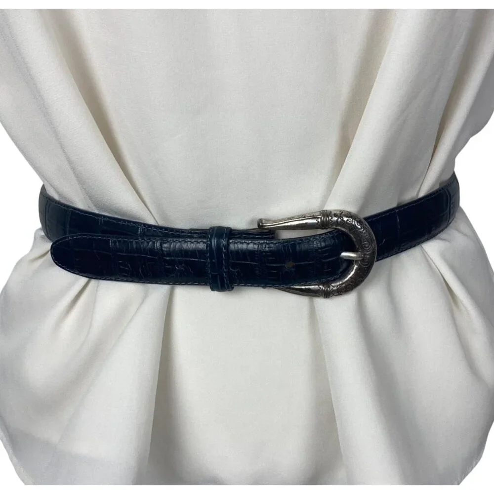 Brighton Croc Embossed Blue Leather Belt Womens 28 Silver Tone Western Buckle